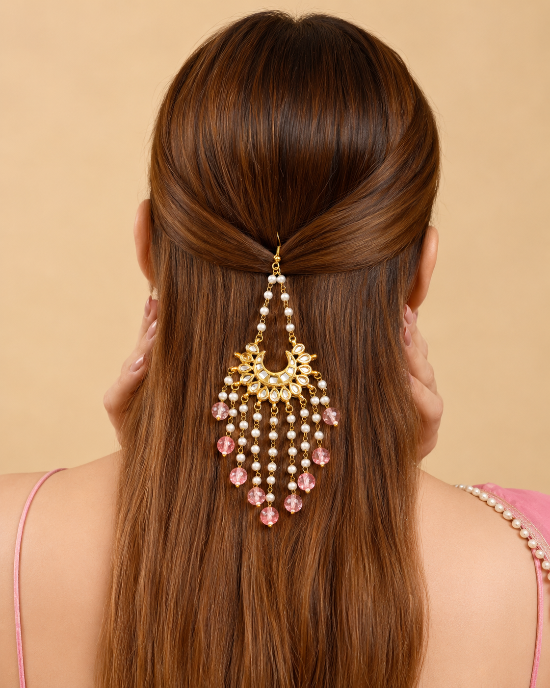 Pearl & Pink Beaded Hair Chain Jewellery for Women | Traditional Hair Accessory for Wedding & Festive Occasions