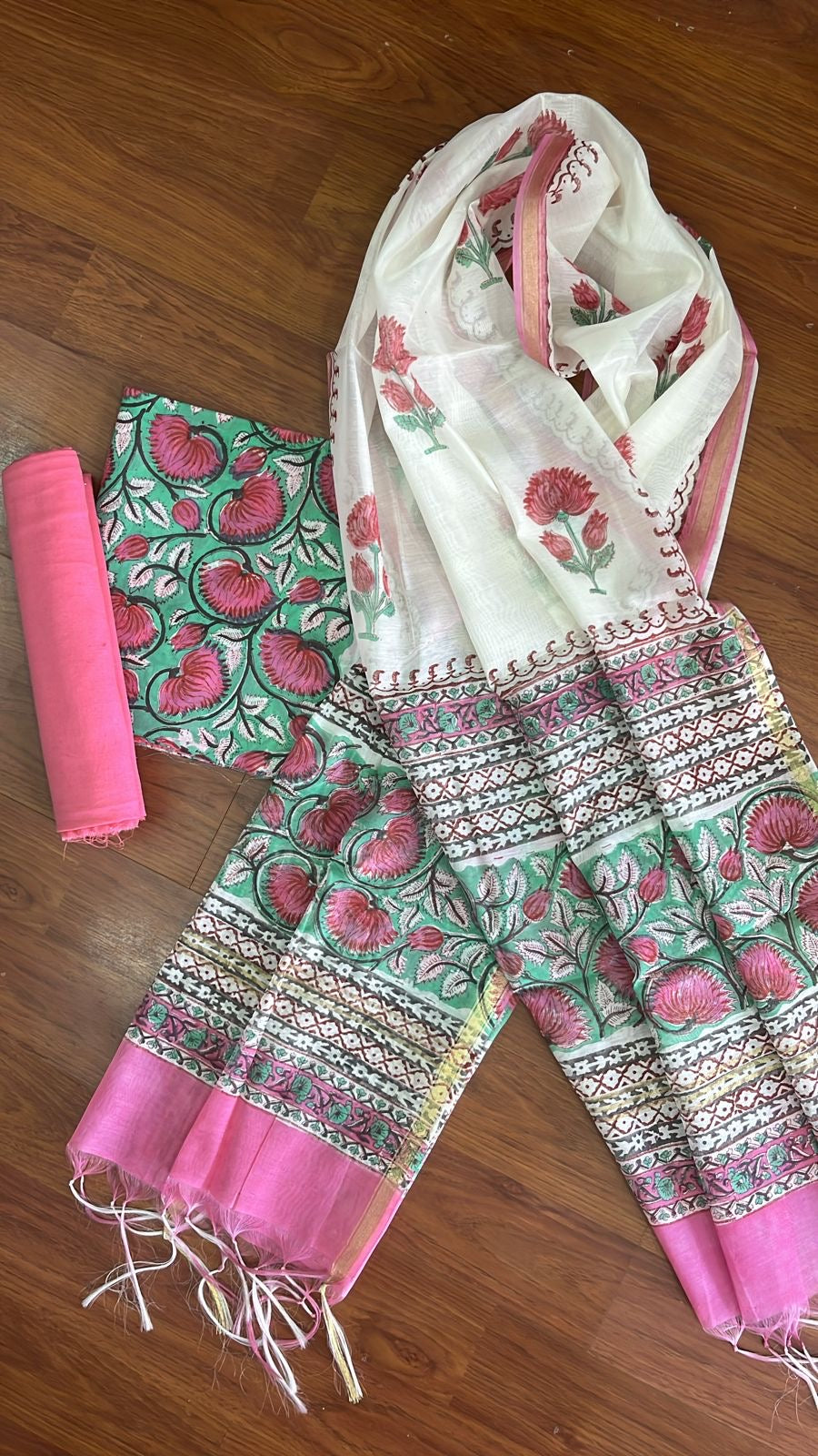 Block Print Suit Set with Kota Doriya Dupatta