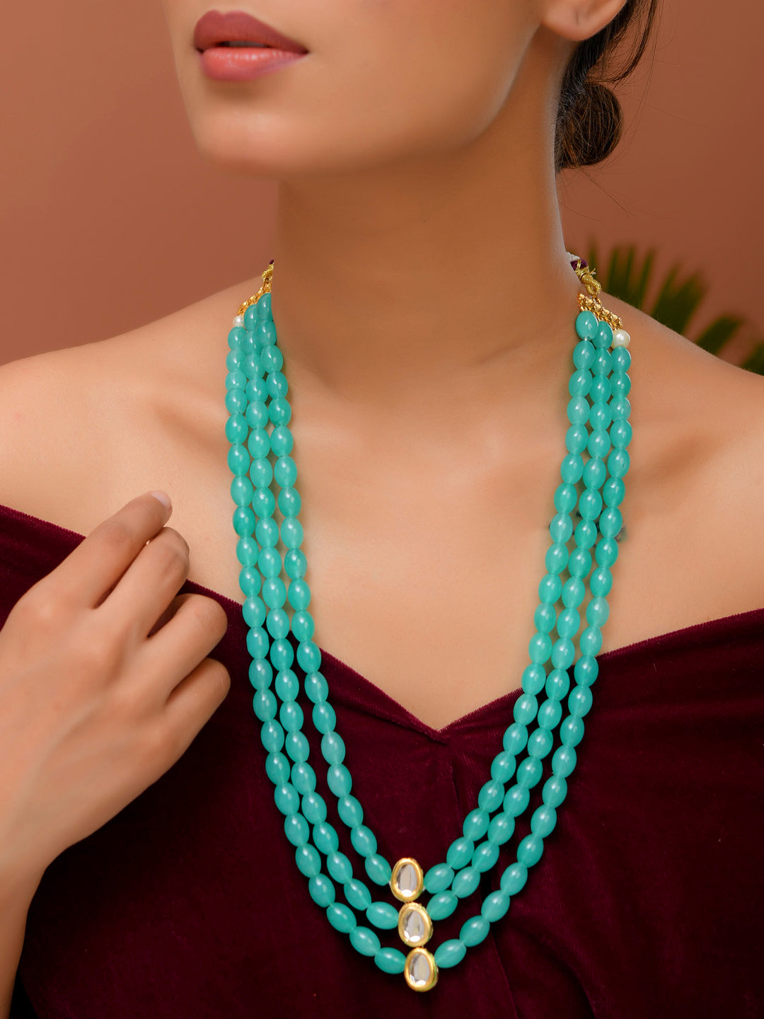 Aqua Blue Triple-Strand Beaded Ethnic Necklace With Kundan Drops For Women