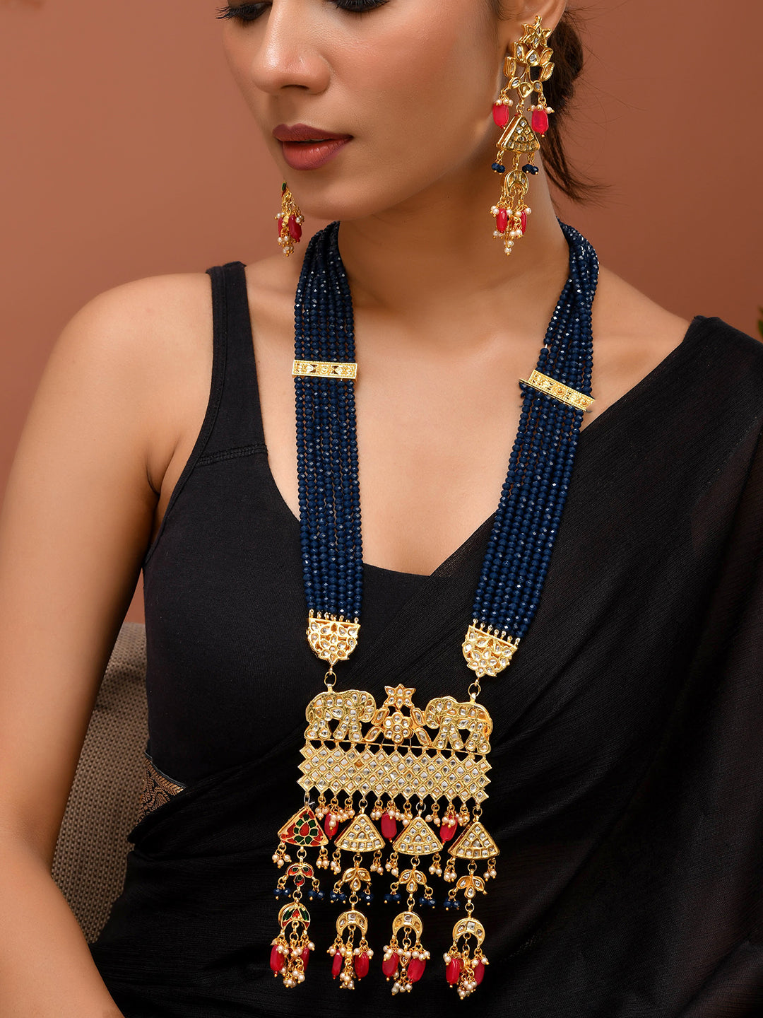 Long Blue Beaded Kundan Necklace Set For Women | Traditional Temple Jewellery