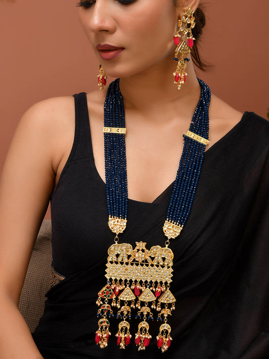 Long Blue Beaded Kundan Necklace Set For Women | Traditional Temple Jewellery