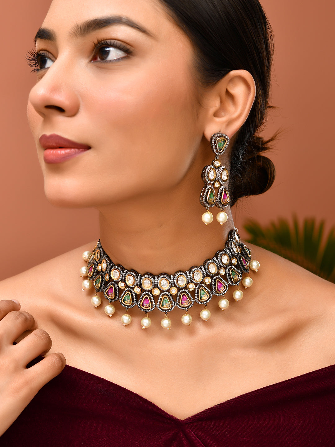 Traditional Bridal Polki Kundan Jewelry Set | Choker & Earrings For Women