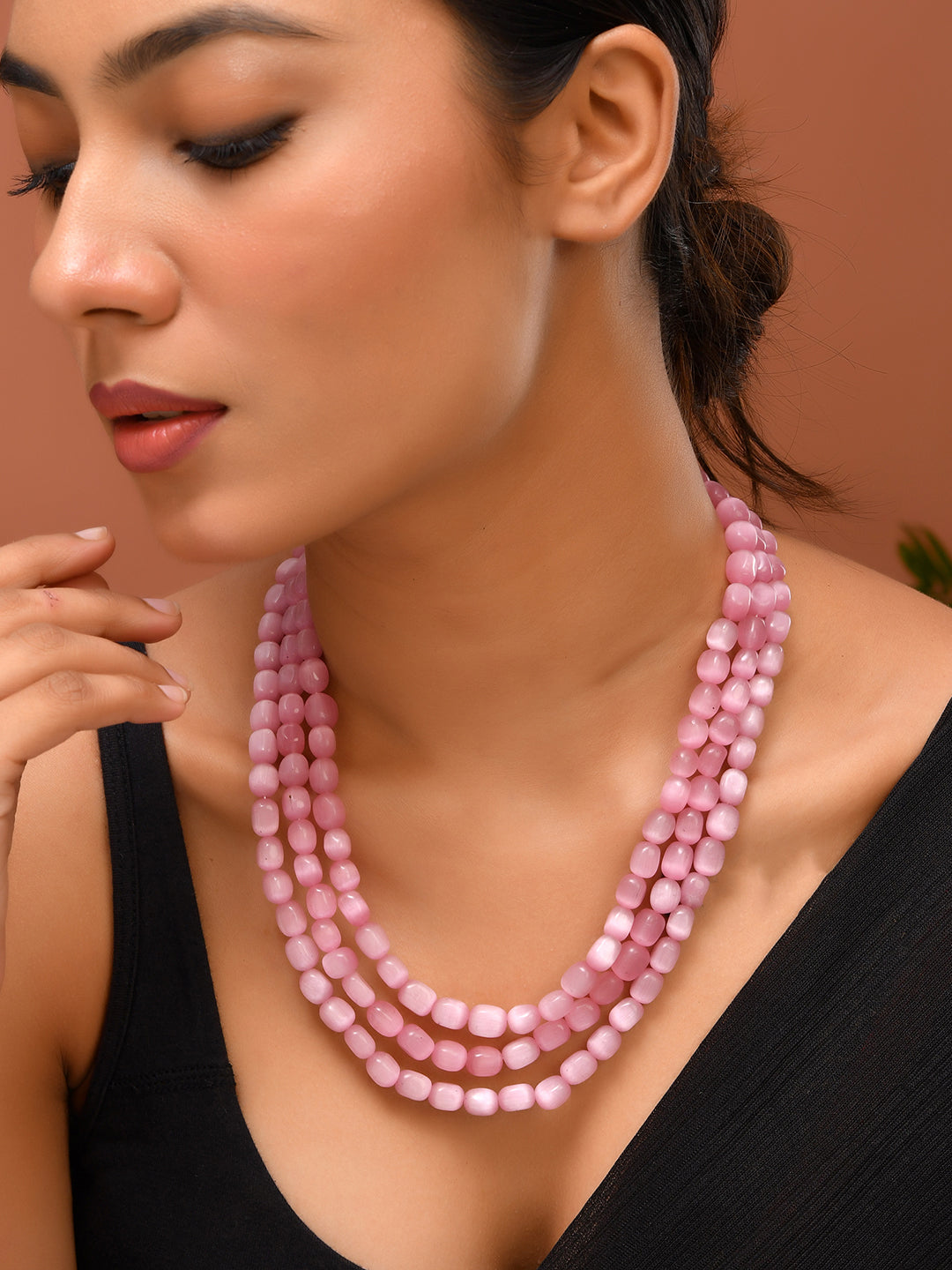 Handcrafted Pink Triple-Layer Bead Necklace | Classic Traditional Necklace For Women