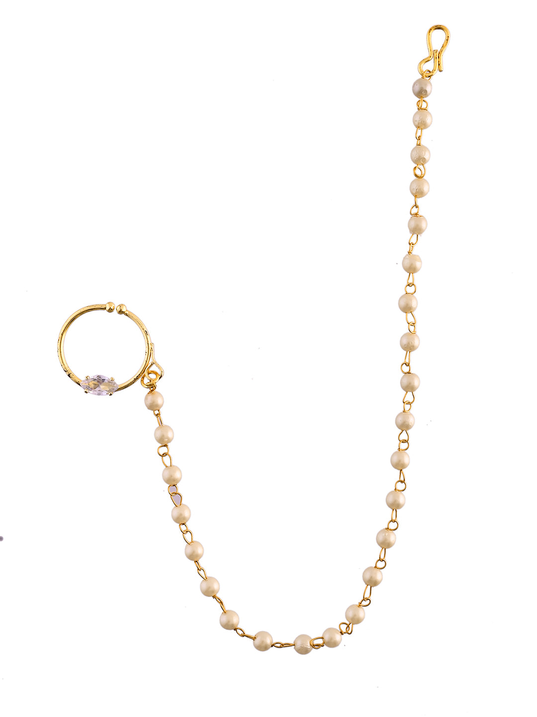Gold-Plated Bridal Pearl Chain Nath | Traditional Wedding Nose Ring For Women