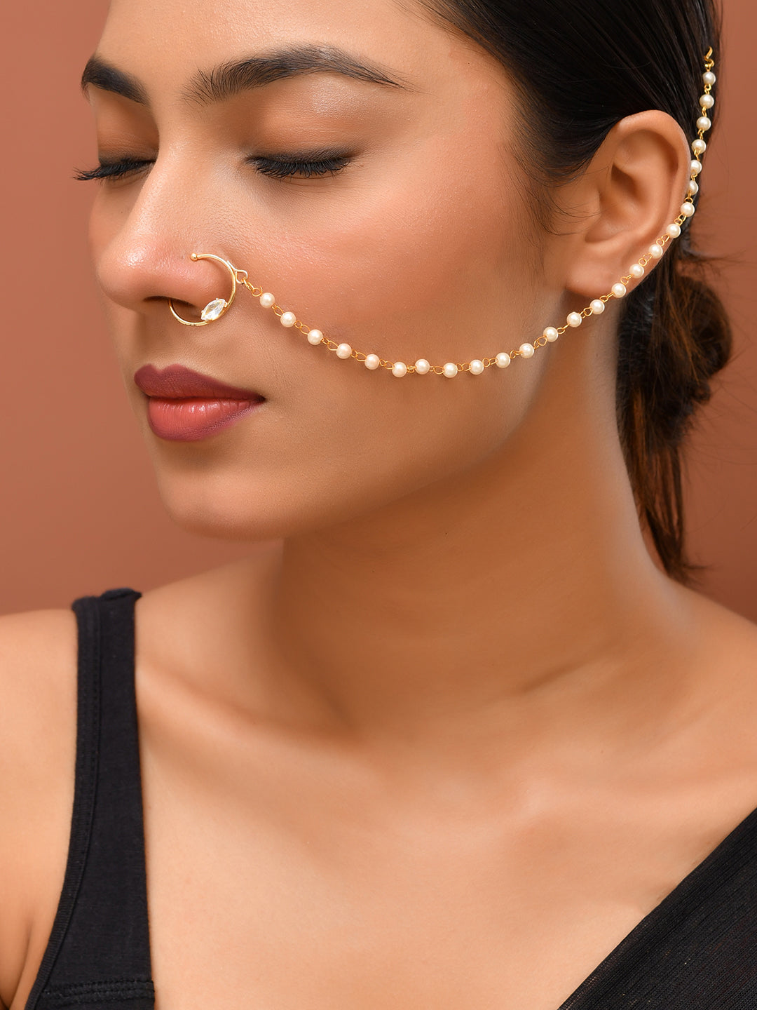 Gold-Plated Bridal Pearl Chain Nath | Traditional Wedding Nose Ring For Women