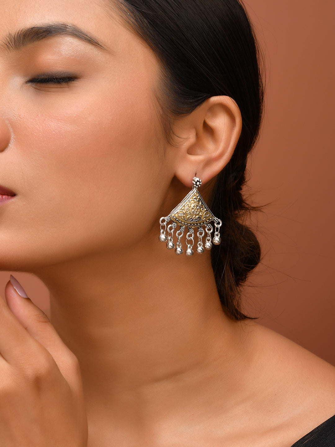 Oxidised Silver & Gold Dual-Tone Jhumka Earring | Boho Ethnic Dangler Earrings For Women