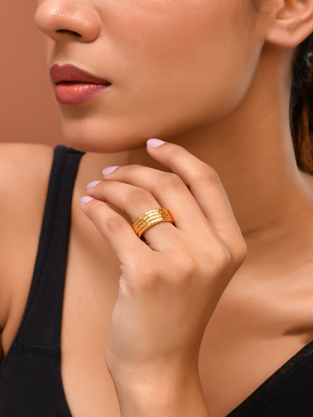 Gold-Plated Textured Multi-Layer Statement Ring For Women