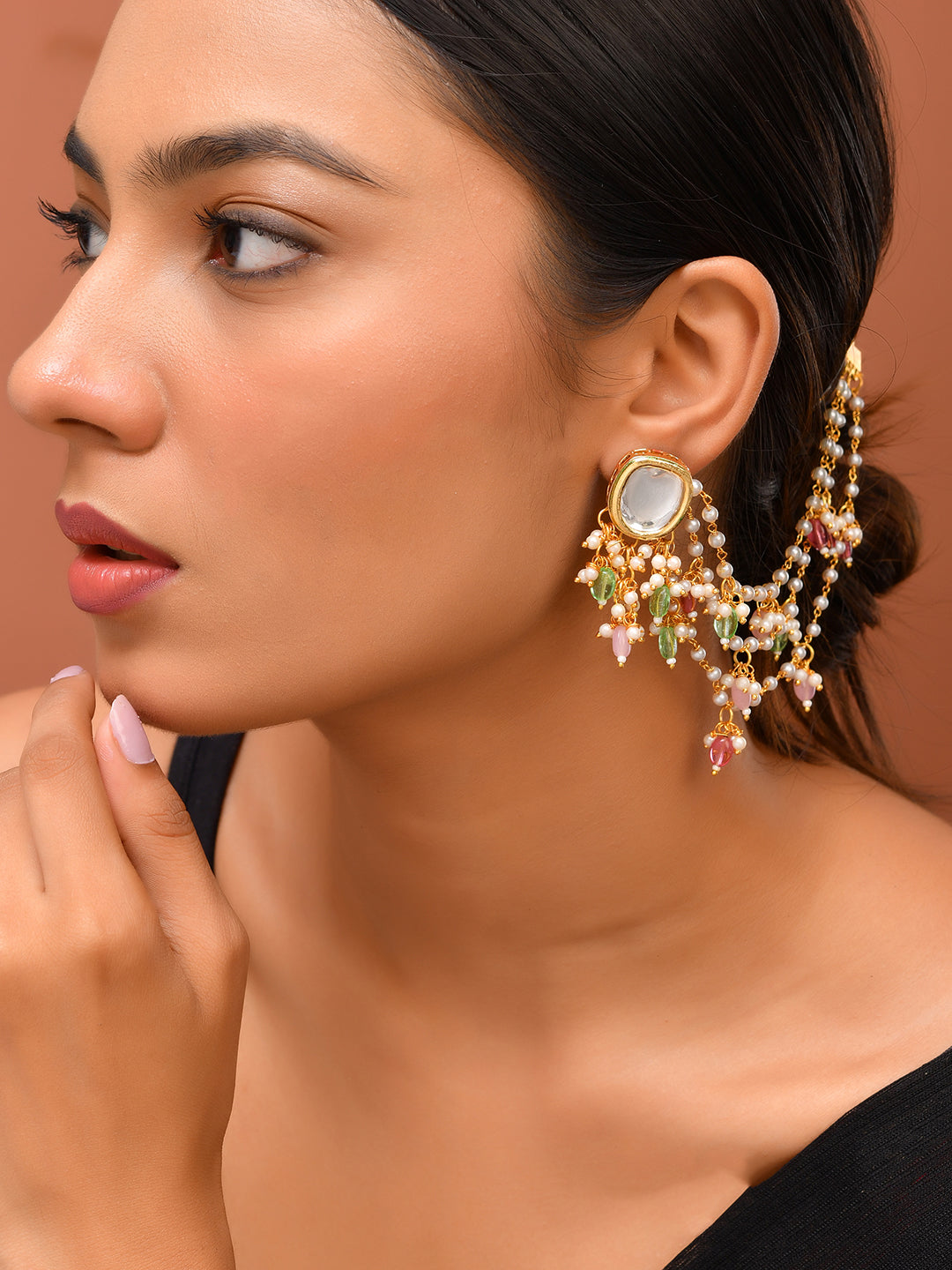 Festive Kundan Chandbali Earrings With Multi-Layer Pearl Chain For Women