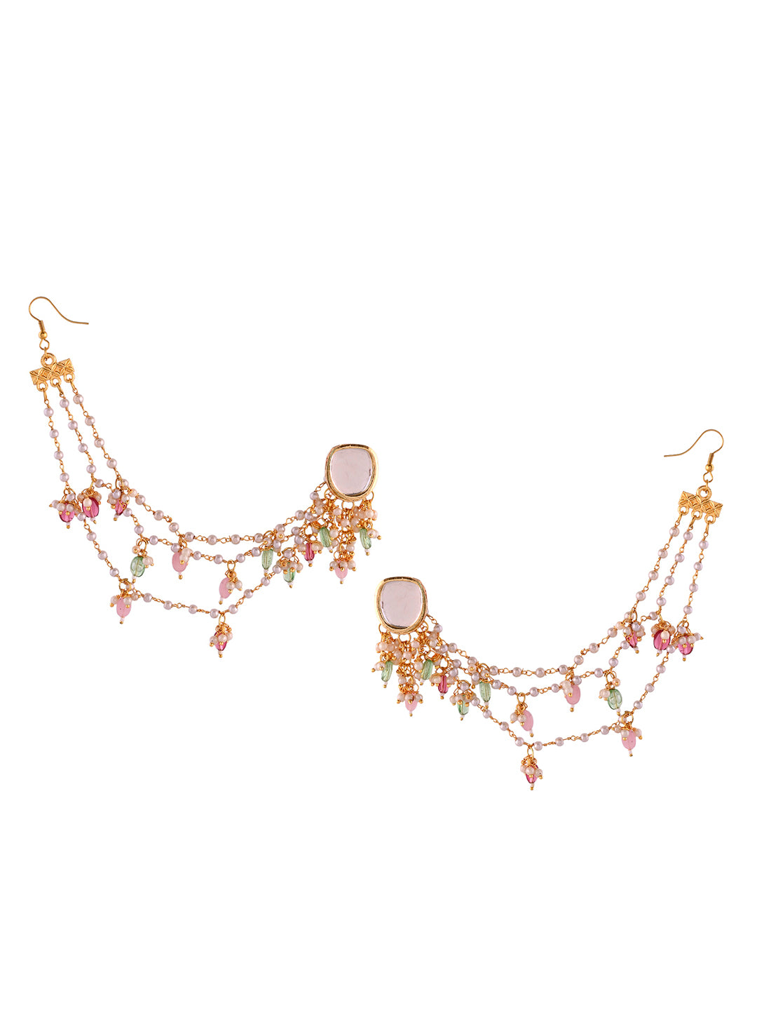 Festive Kundan Chandbali Earrings With Multi-Layer Pearl Chain For Women