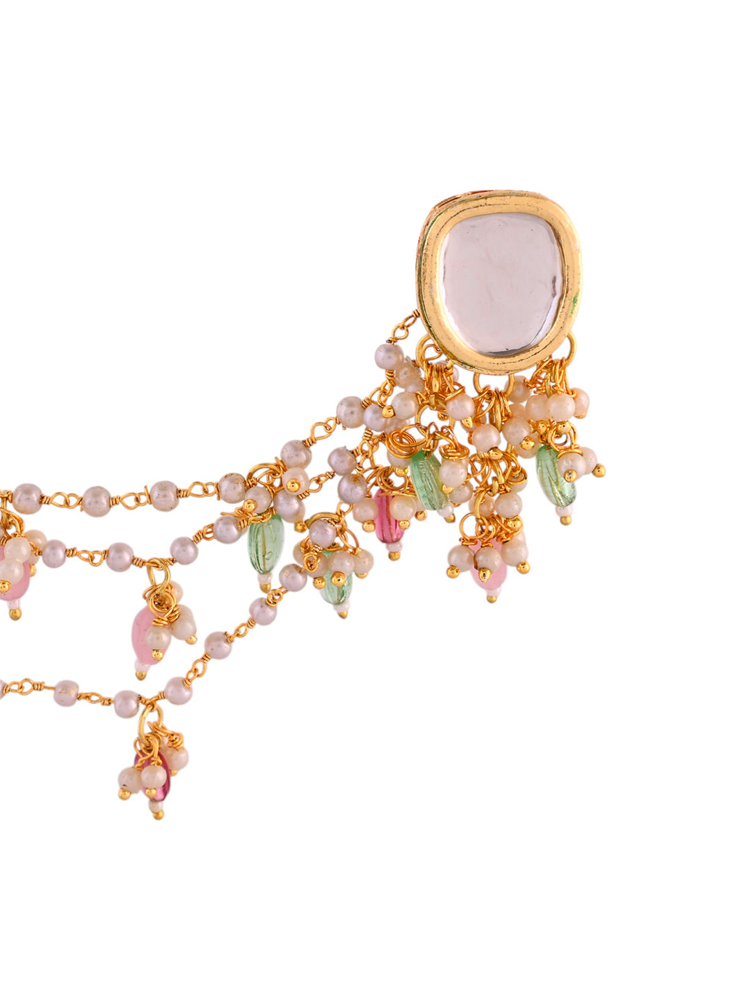 Festive Kundan Chandbali Earrings With Multi-Layer Pearl Chain For Women