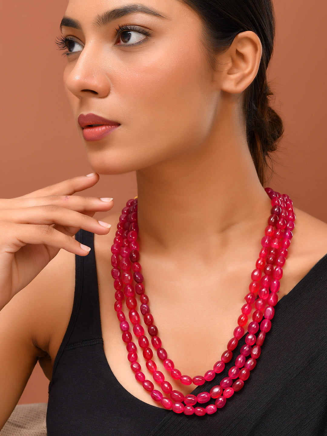 Handcrafted Pink Triple-Layer Bead Necklace | Classic Festive Wear Necklace For Women