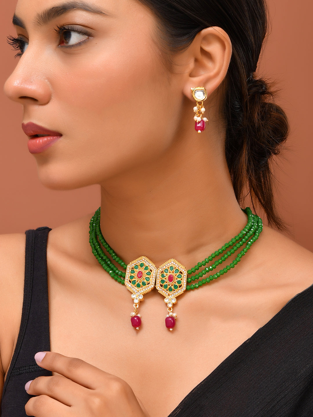 Gold-Plated Multi-Layer Green Bead Jewellery Set | Traditional Ethnic Bridal Set For Women