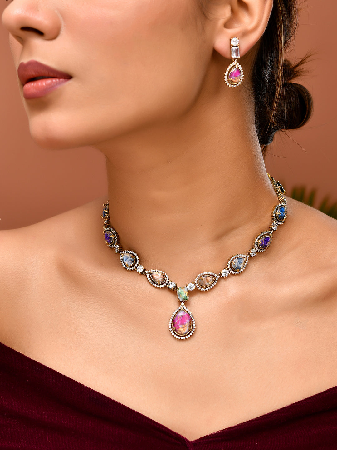 Multicolor Stone AD Necklace Set For Women | Teardrop CZ Necklace & Earrings | Party Wear Jewellery