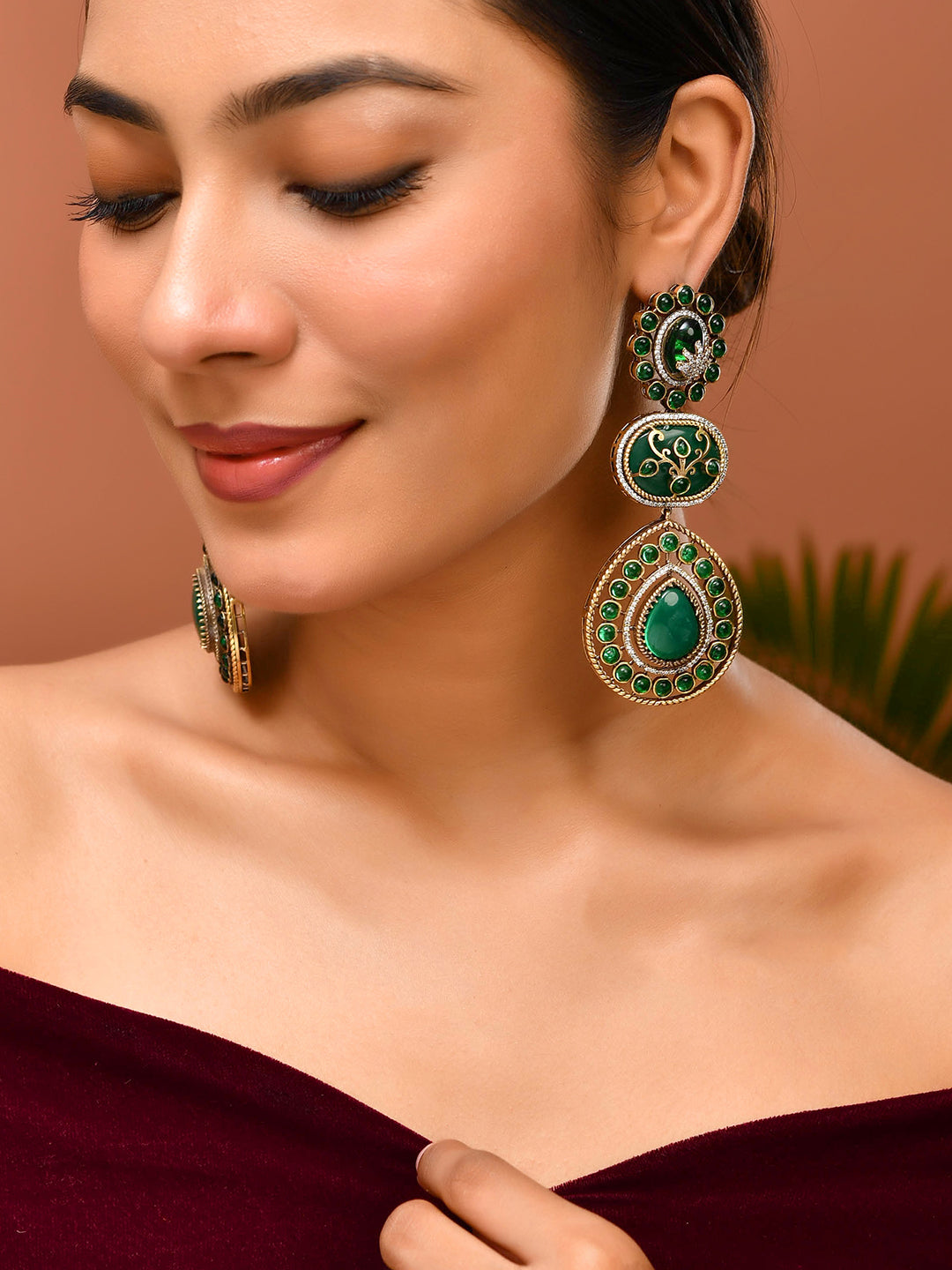 Gold-Plated Green Stone Long Drop Earrings For Women | Partywear Statement Dangler Earrings | Premium Ethnic Jewellery