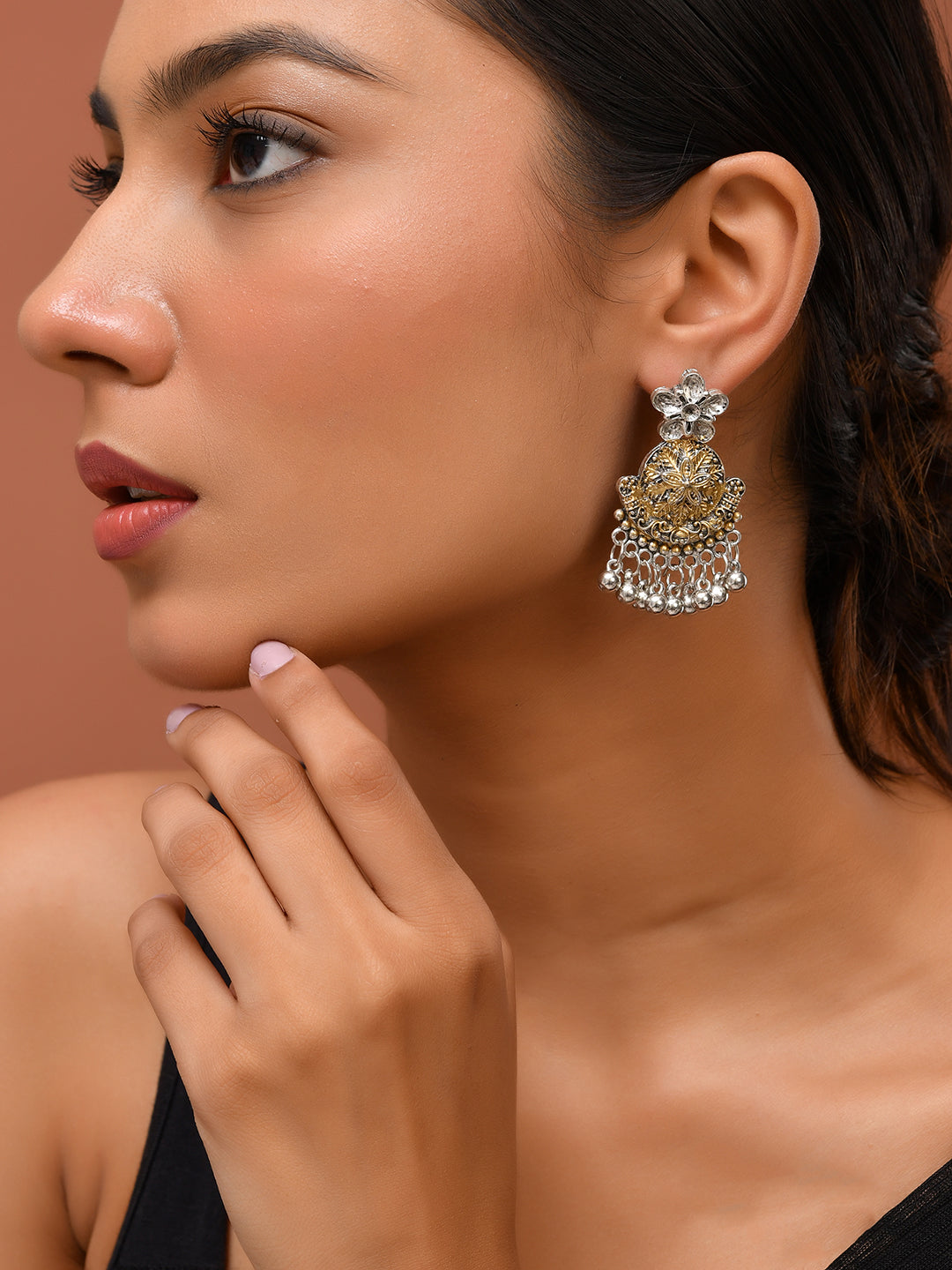 Oxidised Silver & Gold Dual-Tone Jhumka Earrings | Boho Ethnic Dangler Earrings For Women