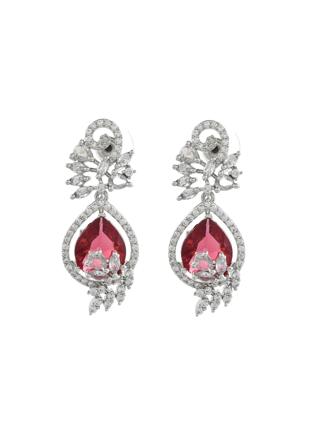 Trending Silver-Plated Red American Dimond  Studded Drop Earrings