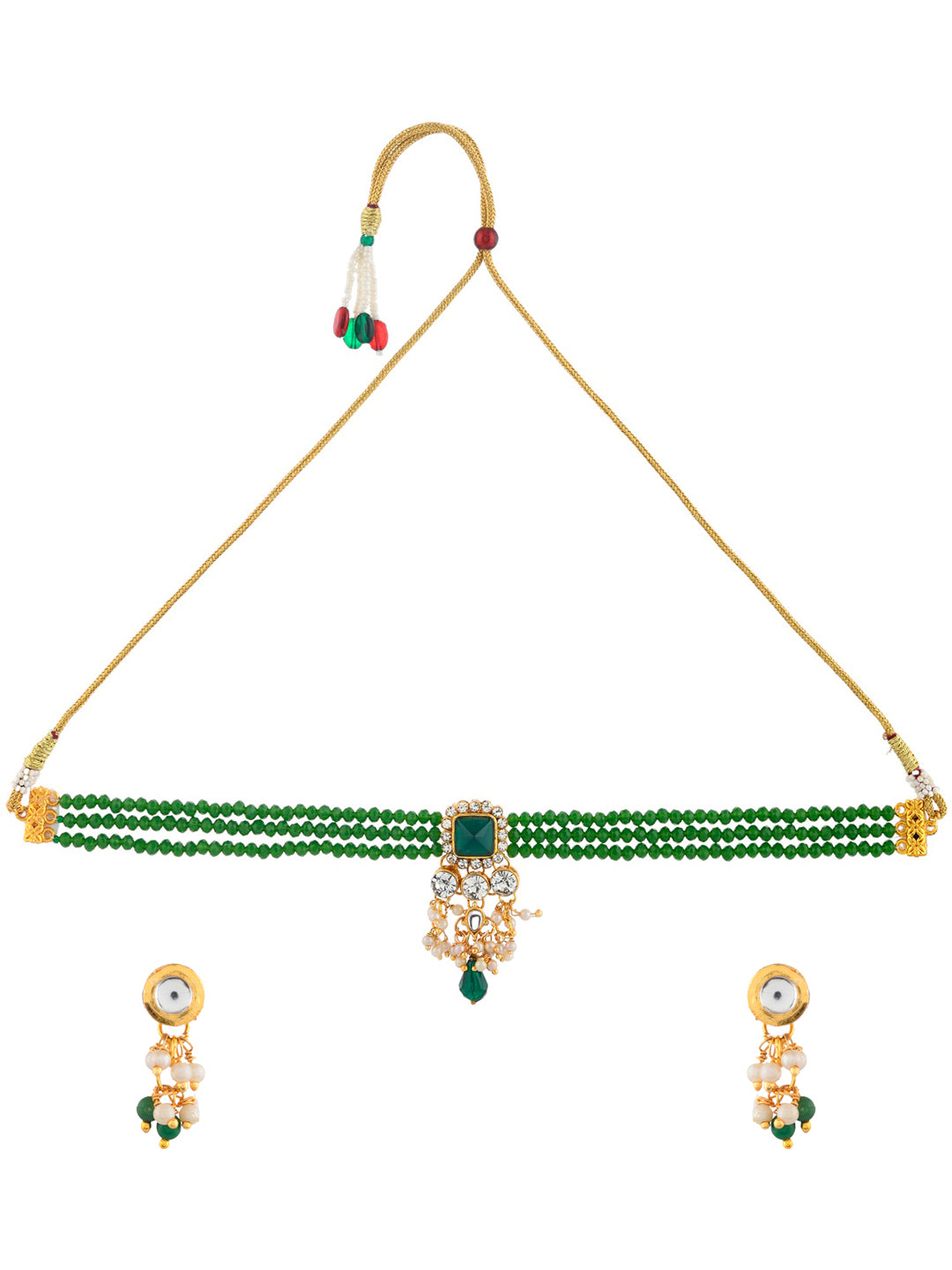 Kundan Pendant Green Bead Jewellery Set  With Earrings For Women