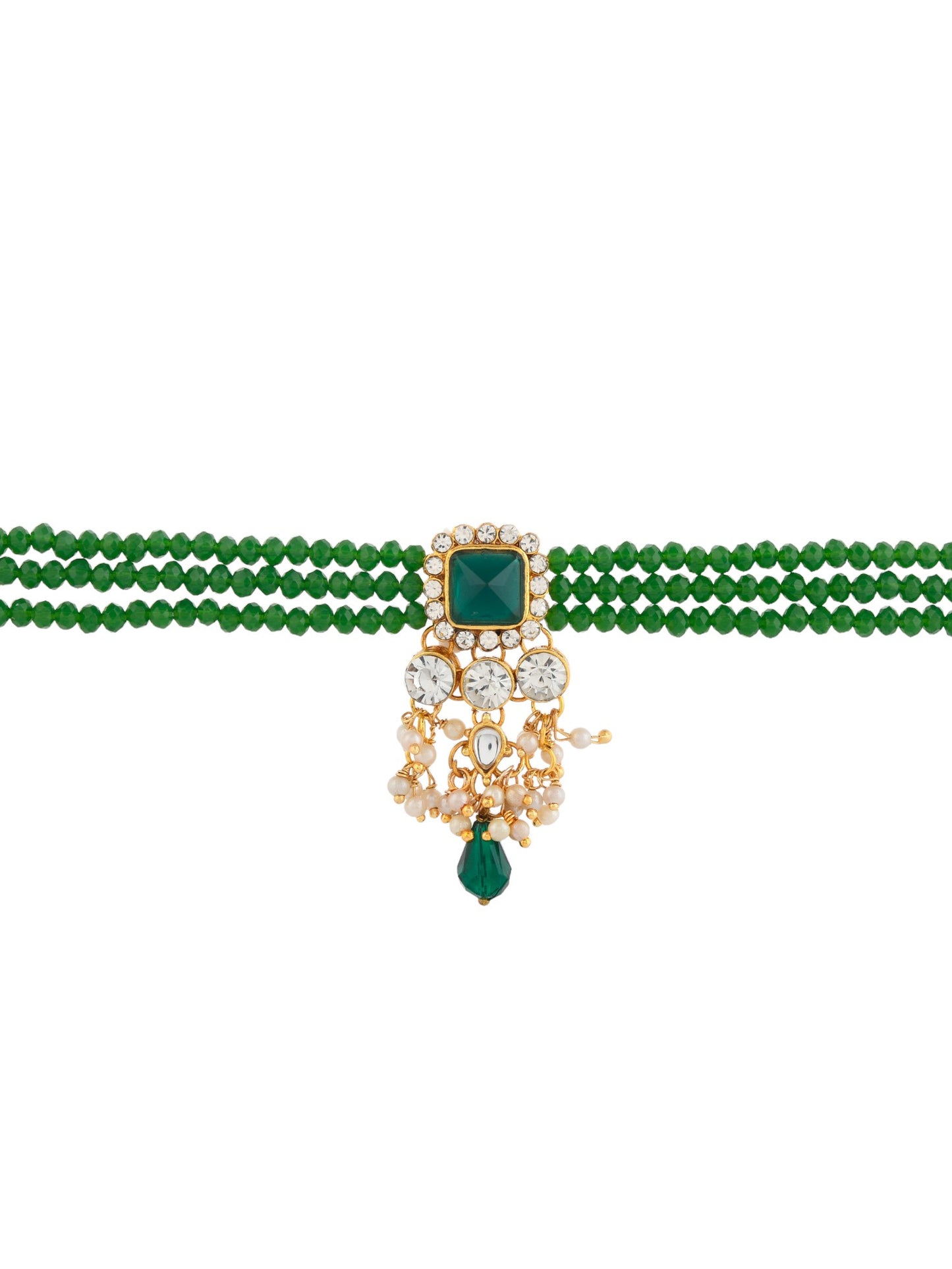 Kundan Pendant Green Bead Jewellery Set  With Earrings For Women