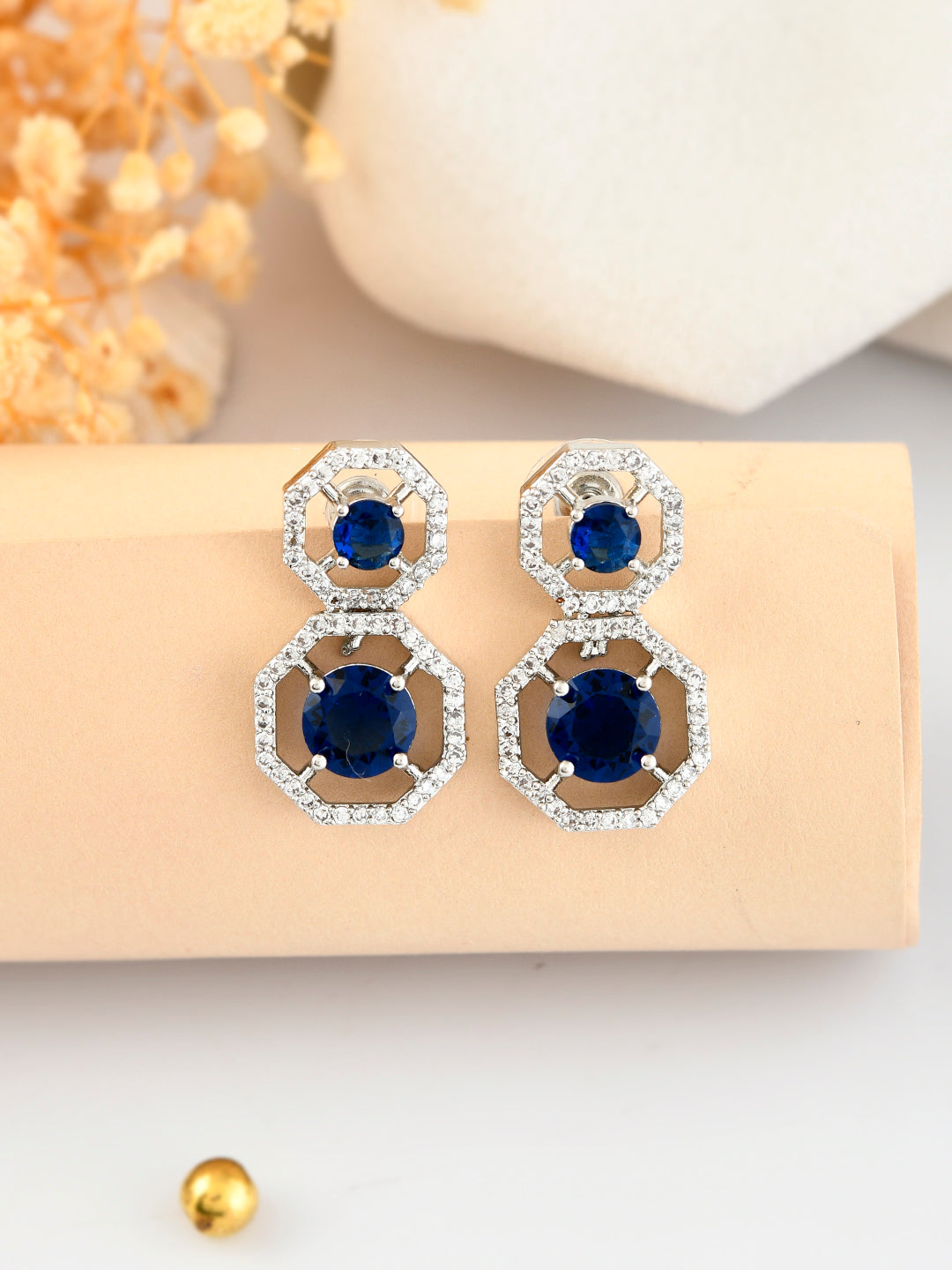 Stylish Silver Plated Blue American Dimond Drop Earrings