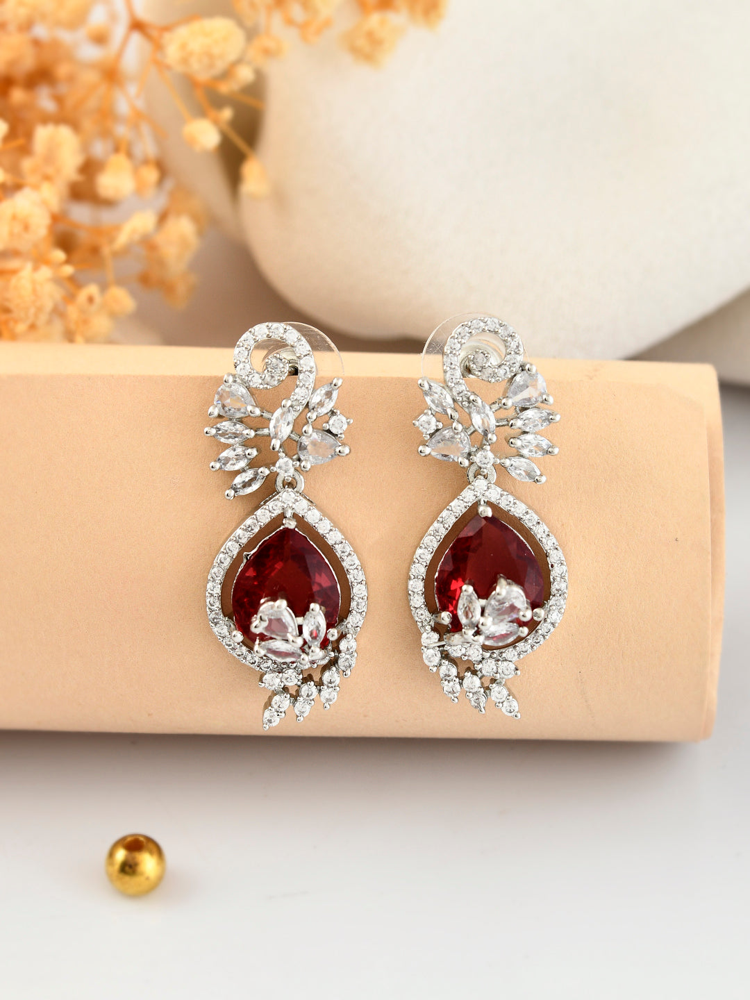 Trending Silver-Plated Red American Dimond  Studded Drop Earrings