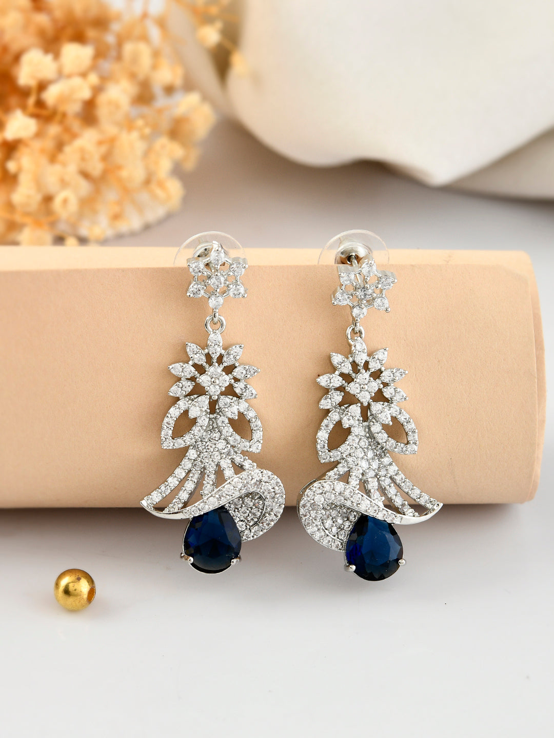 Blue American Dimond Long Drop Earrings