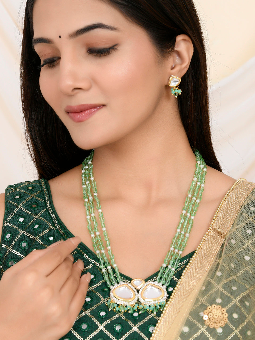 Gold-Plated & Green Beaded Necklace and Earrings