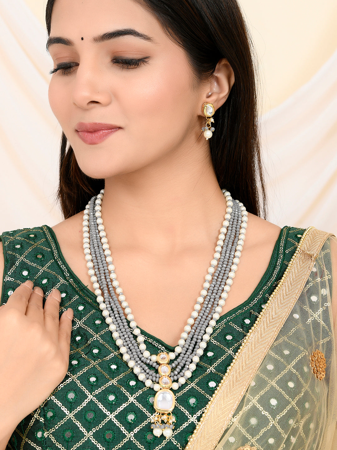 Pearl Kundan Necklace Set With Earrings For Women