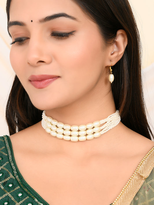 white pearl Beaded Necklace With same Earring