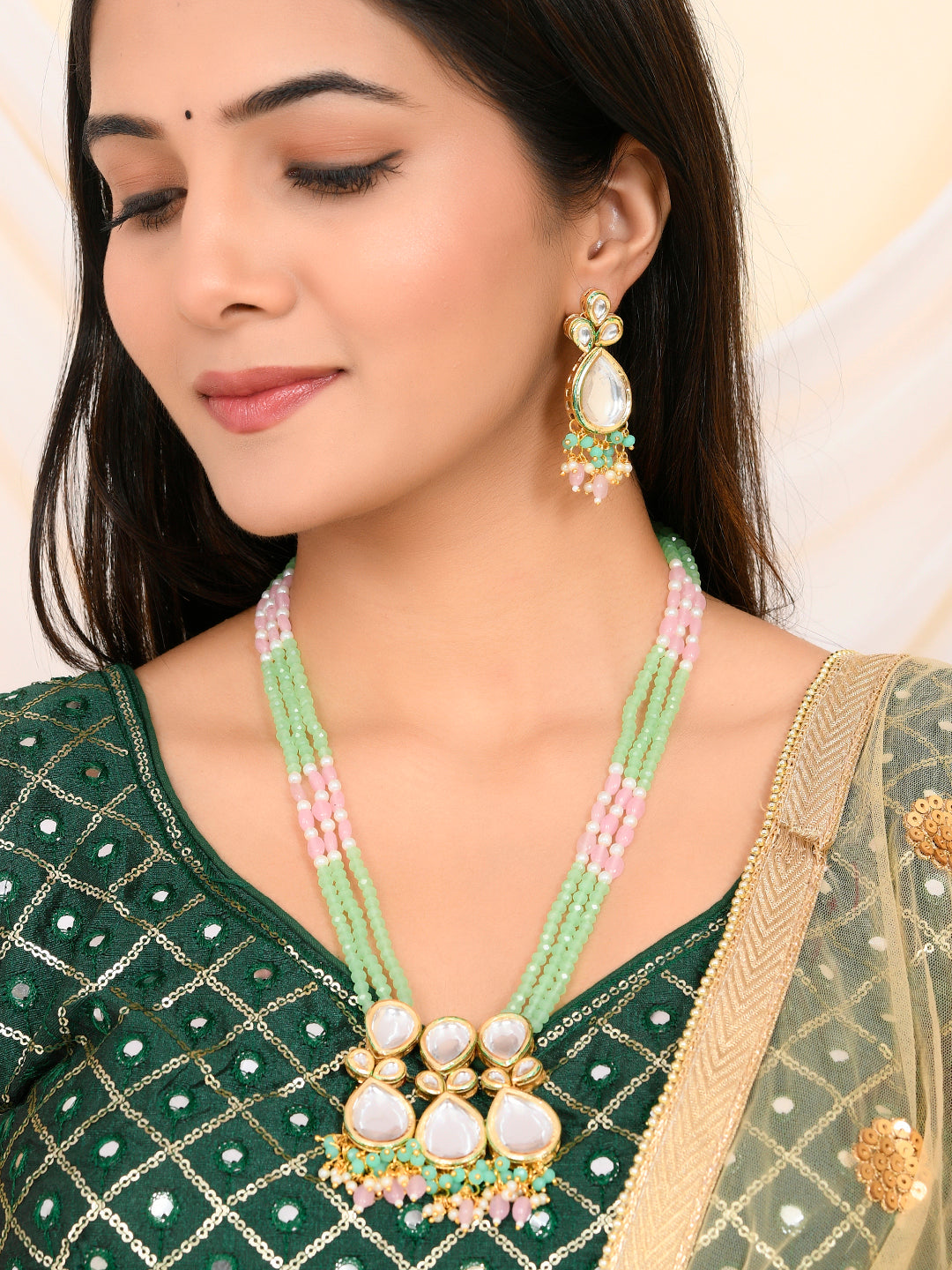  Gold-plated kunden, Green & Pink Beaded Necklace and Earrings