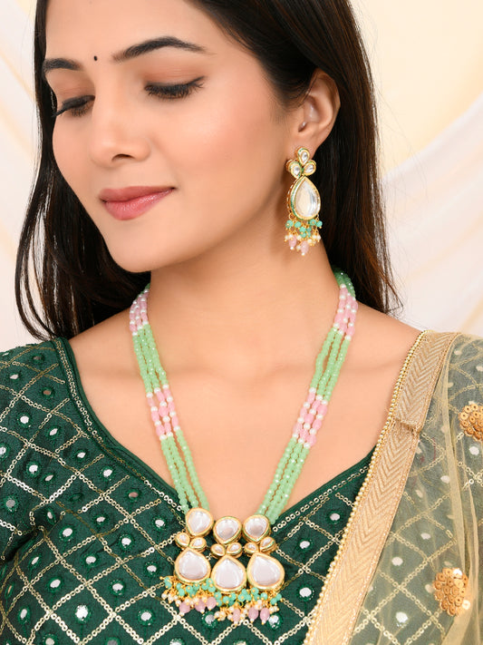  Gold-plated kunden, Green & Pink Beaded Necklace and Earrings