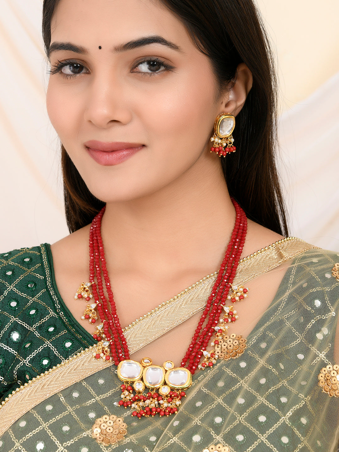 Gold-Plated & Red Beaded Necklace and Earrings