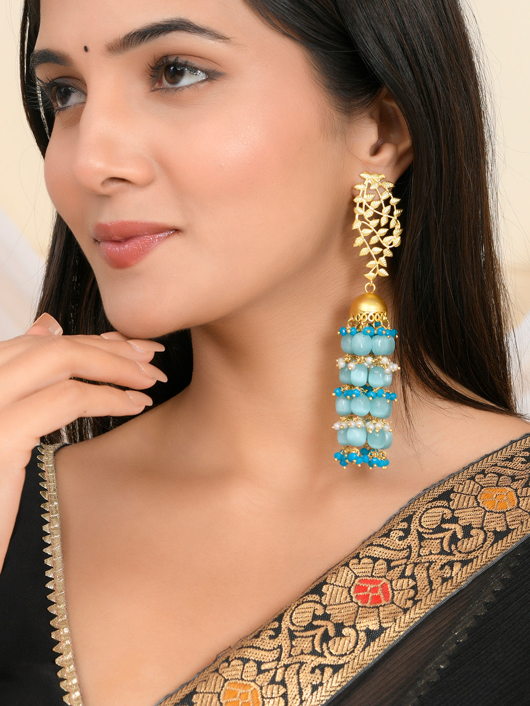 Gold-plated  Jhumka Earrings with long Green Beads pearls chain