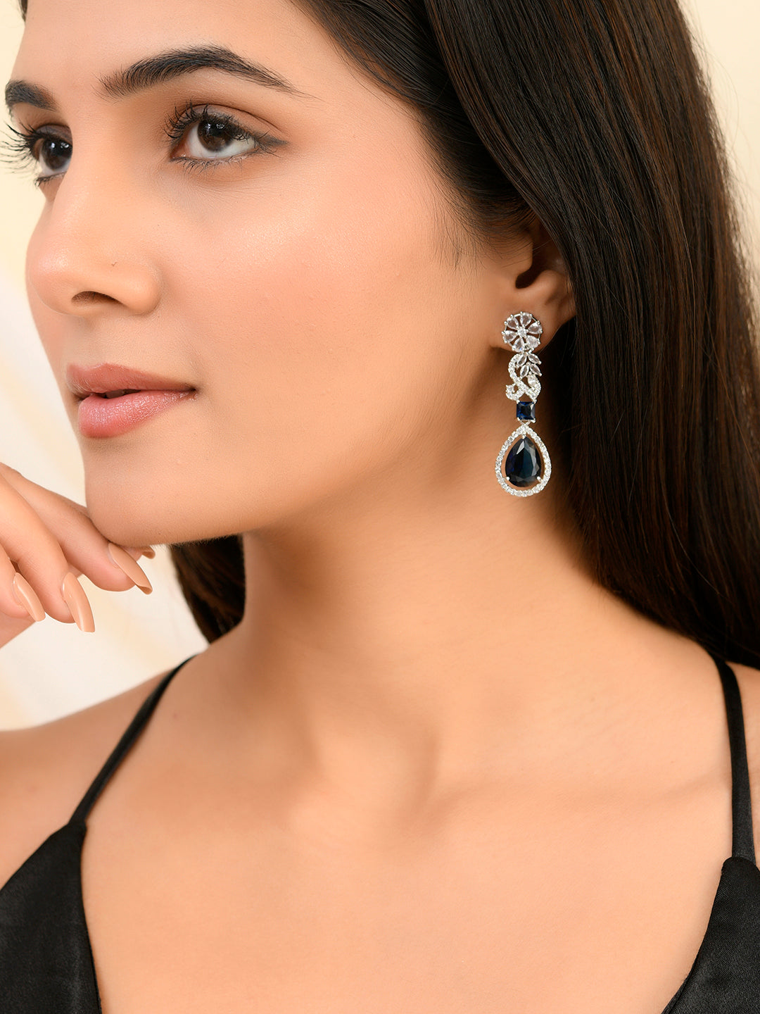 Luxurious  Blue American Dimond Long Earrings