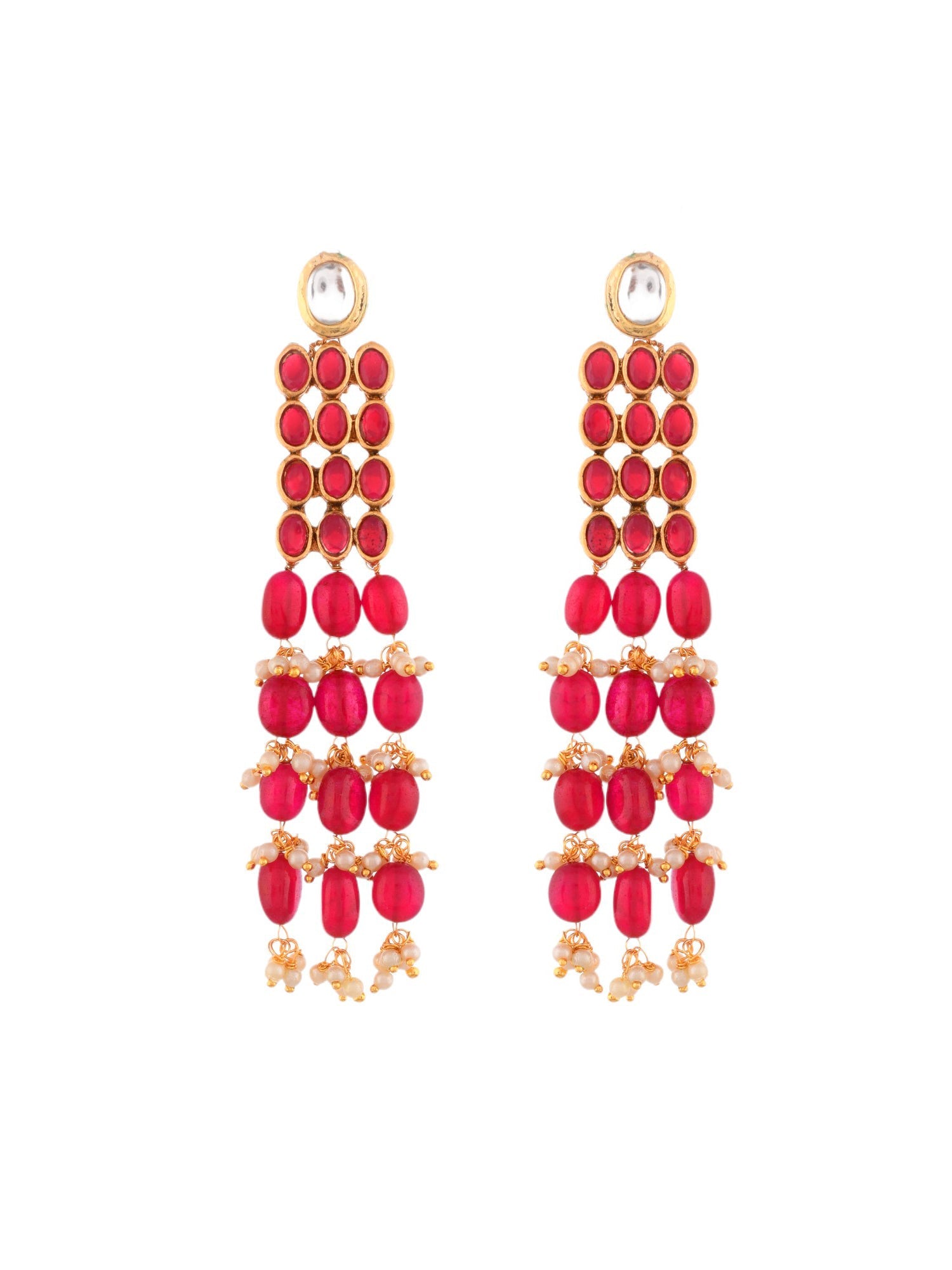 Stylish Red Beaded And Gold Pearl Long Dangler Earrings