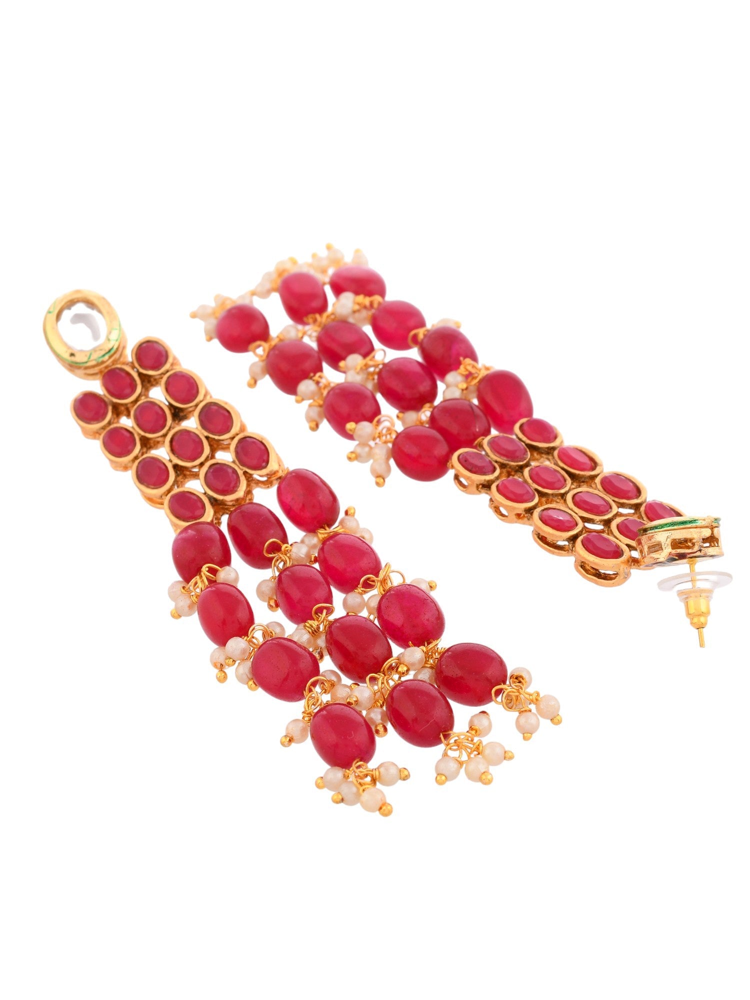 Stylish Red Beaded And Gold Pearl Long Dangler Earrings