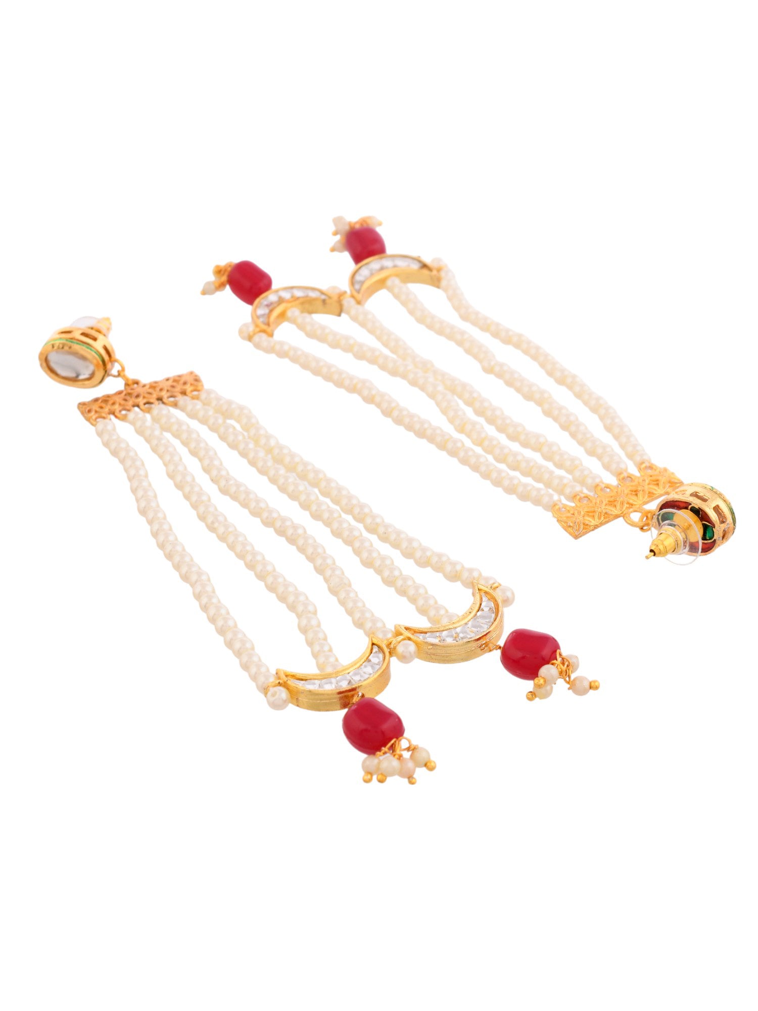Handcrafted Gold-Plated Pearl and Red Gemstone Chandelier Earrings