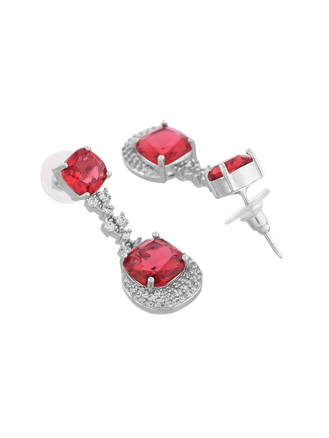 Trending Silver-Plated Red American Dimond  Studded Drop Earrings (SBE32MU_687)