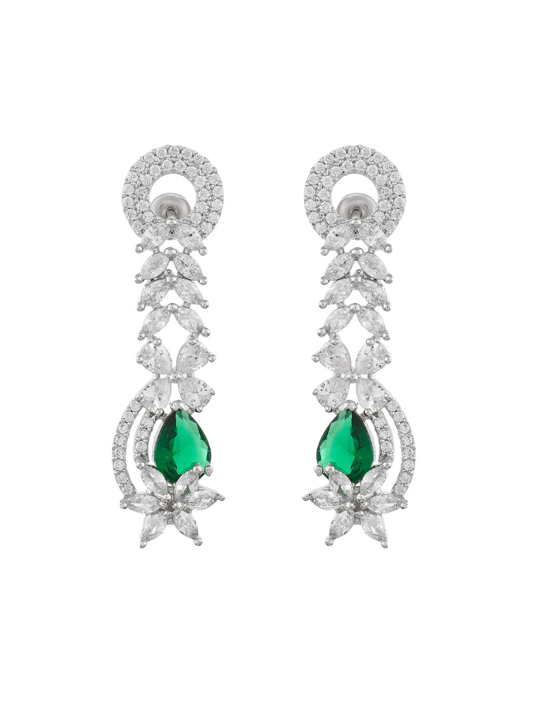 Stylish  Silver Plated Green American Dimond Drop Earrings (SBE32_697)