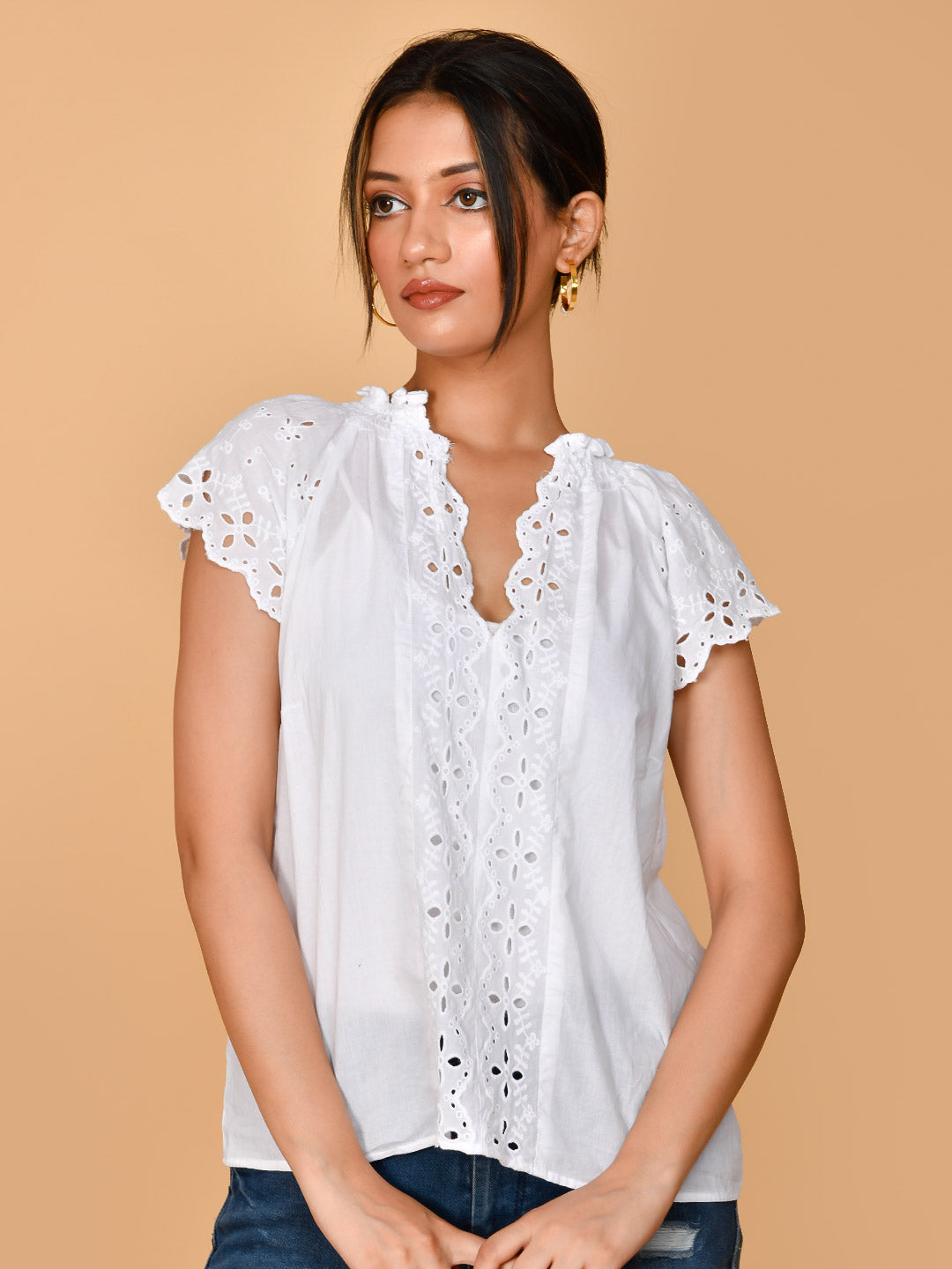 Pure Cotton White Embroidery Shirt Style Formal Top