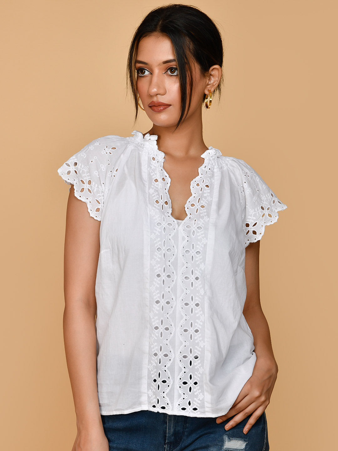 Pure Cotton White Embroidery Shirt Style Formal Top