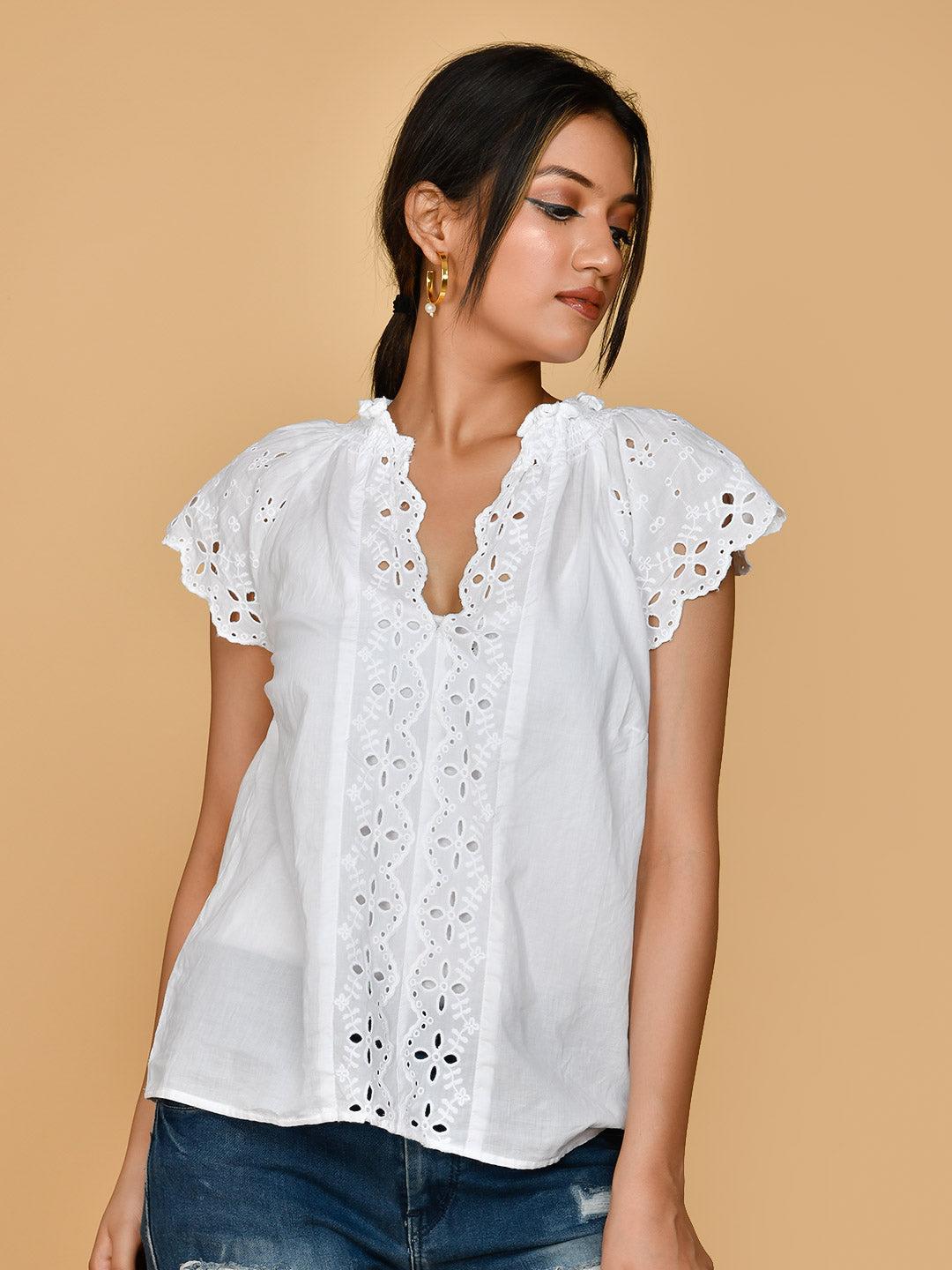 Pure Cotton White Embroidery Shirt Style Formal Top