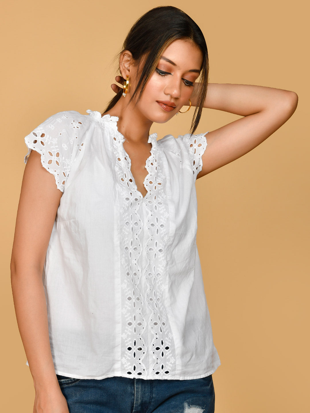 Pure Cotton White Embroidery Shirt Style Formal Top