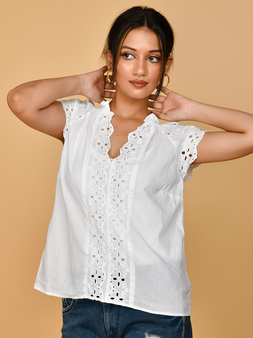 Pure Cotton White Embroidery Shirt Style Formal Top