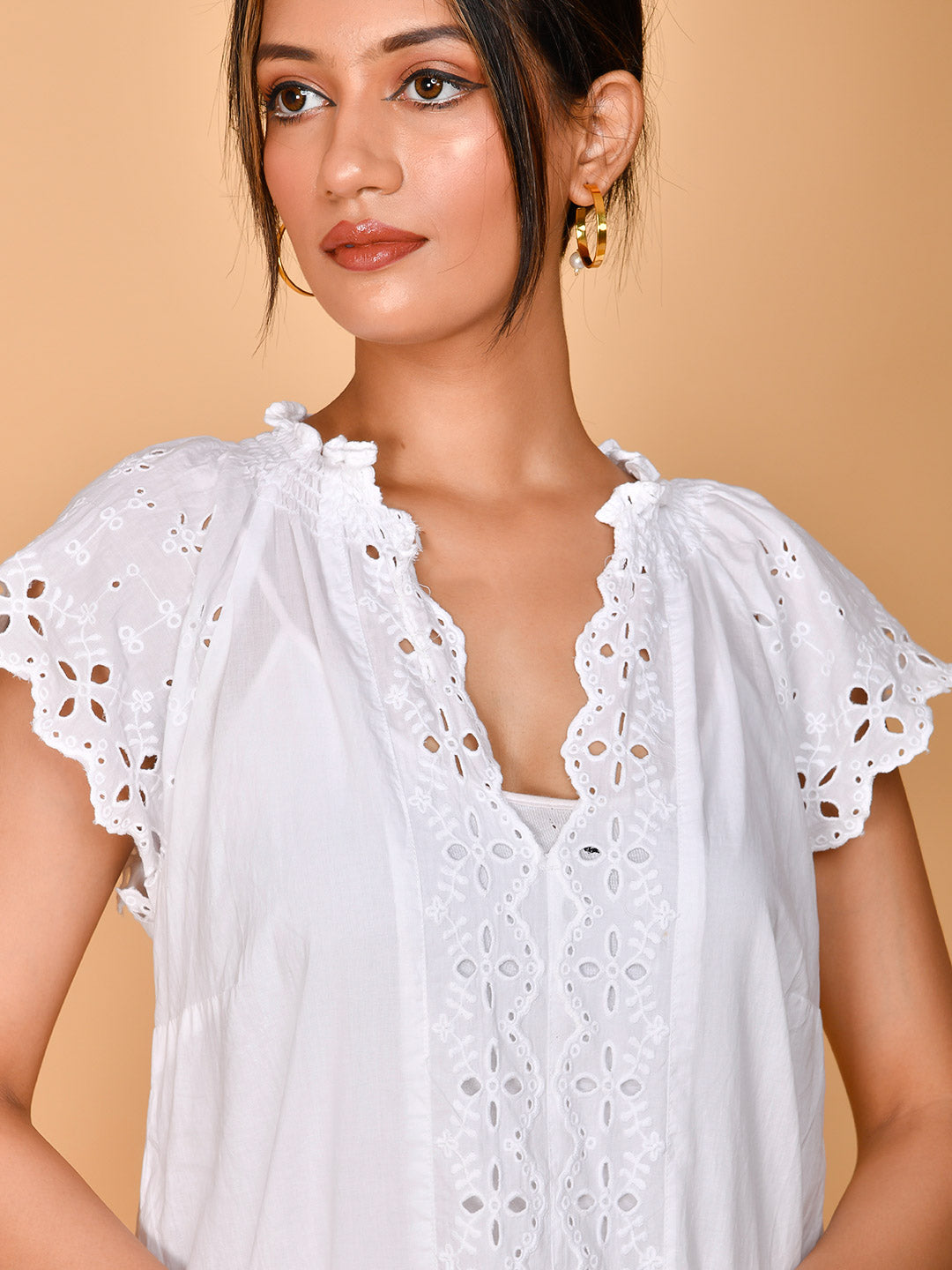 Pure Cotton White Embroidery Shirt Style Formal Top