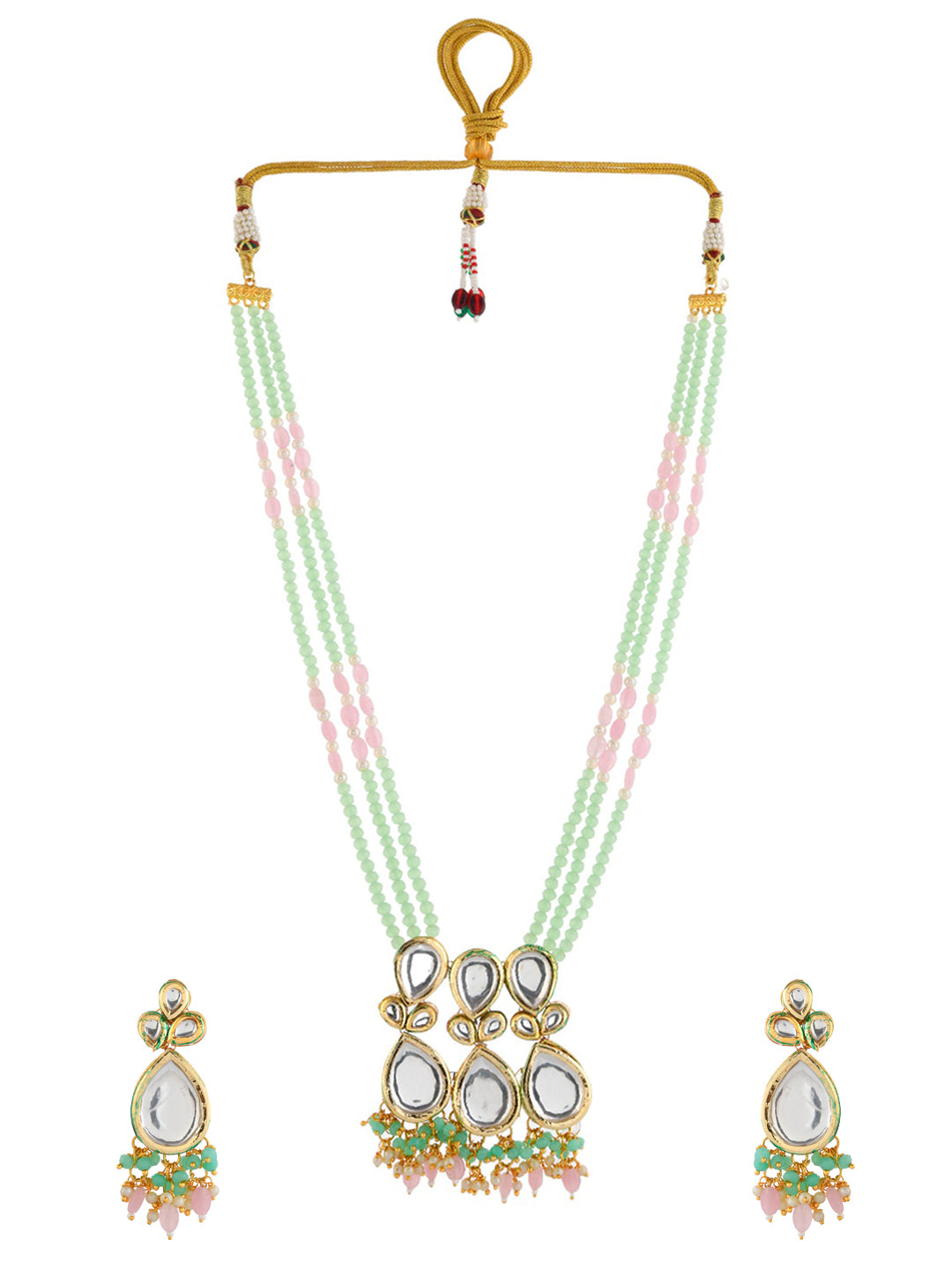  Gold-plated kunden, Green & Pink Beaded Necklace and Earrings