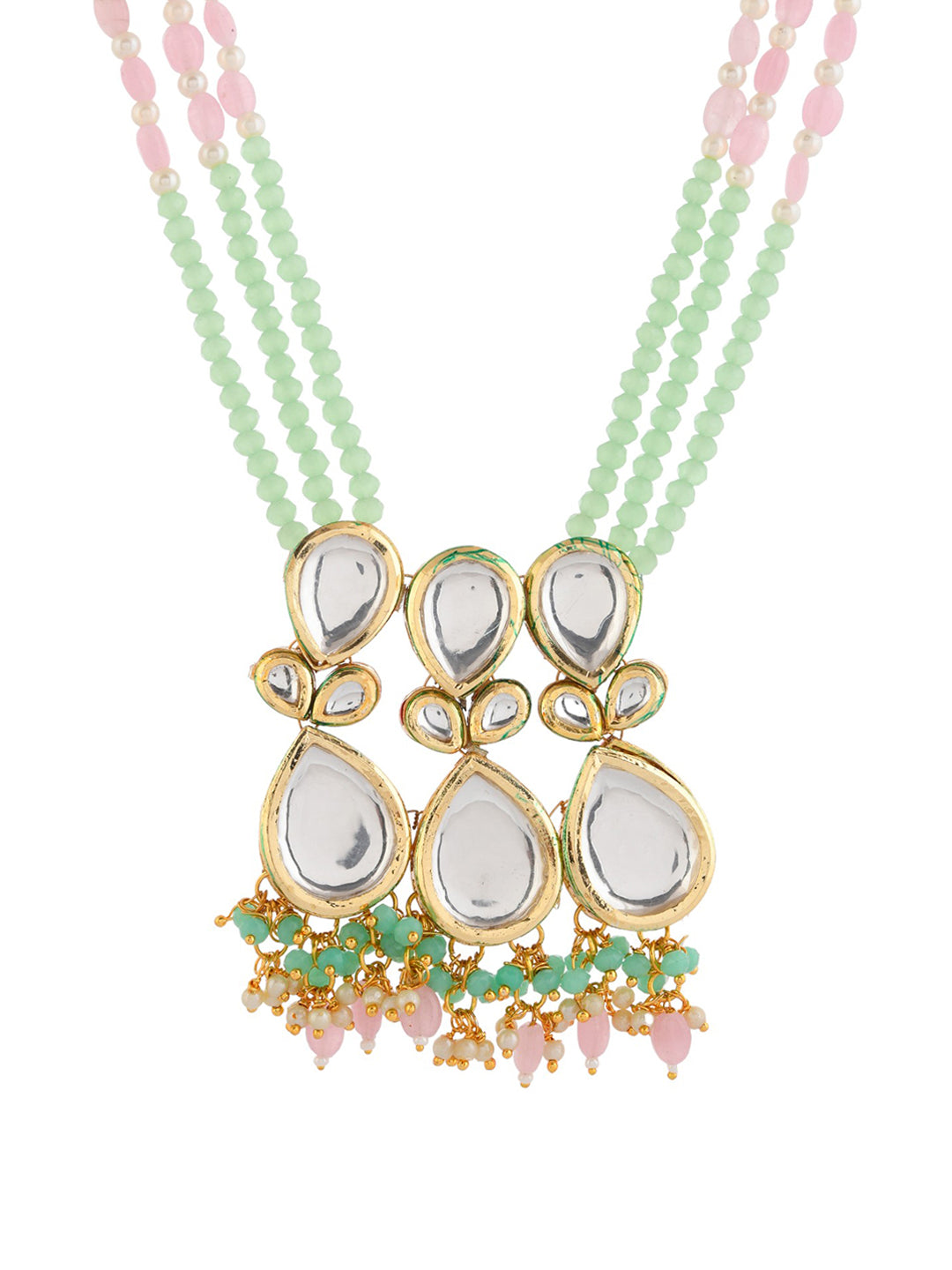  Gold-plated kunden, Green & Pink Beaded Necklace and Earrings