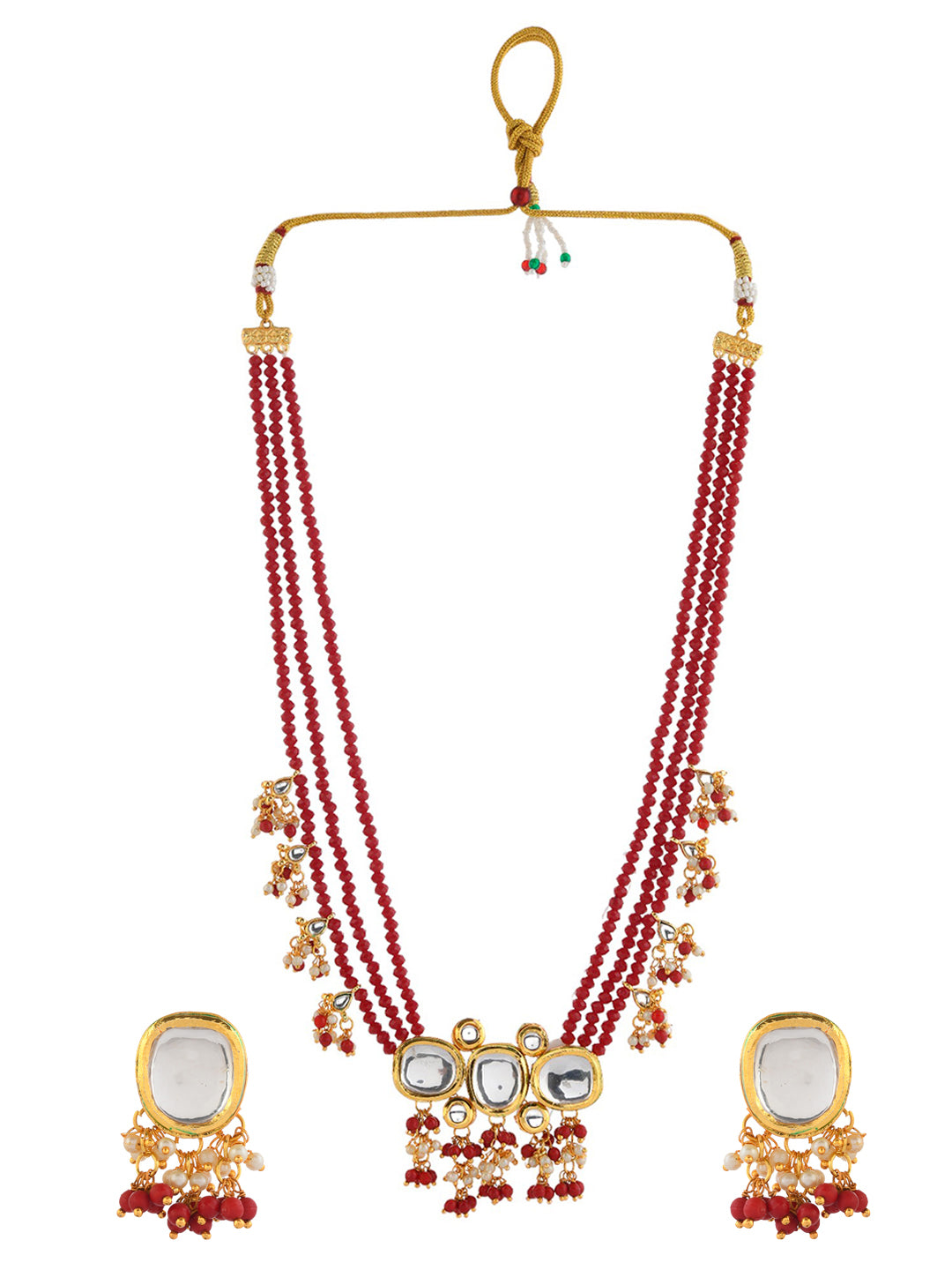 Gold-Plated & Red Beaded Necklace and Earrings