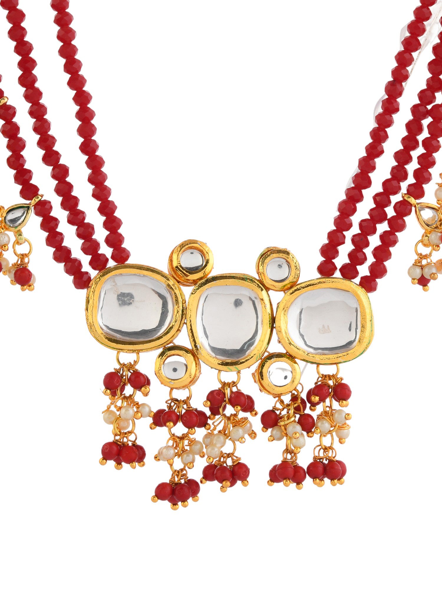 Gold-Plated & Red Beaded Necklace and Earrings