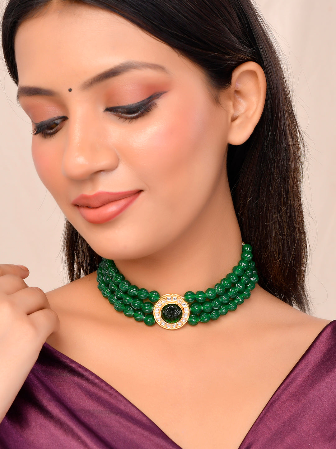 Multi Layered Green Gemstone Choker Necklace For Women & Girls