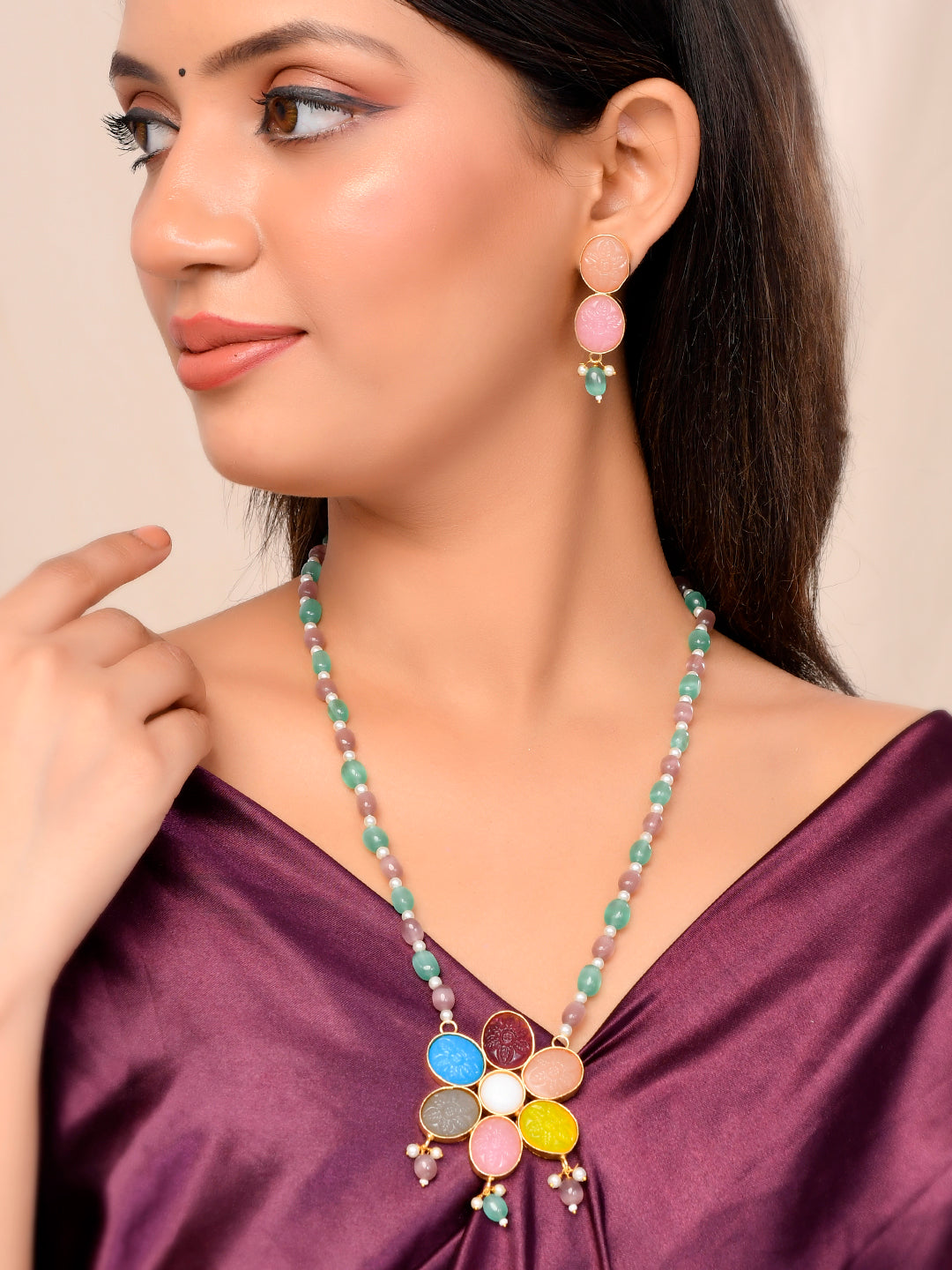 Multi Color Flower Pendant studded  Pink, green stone chain necklace with earring